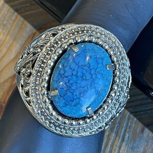 Huge Statement Simulated Turquoise Glass Cab Hinged Cuff Bracelet Silver Tone